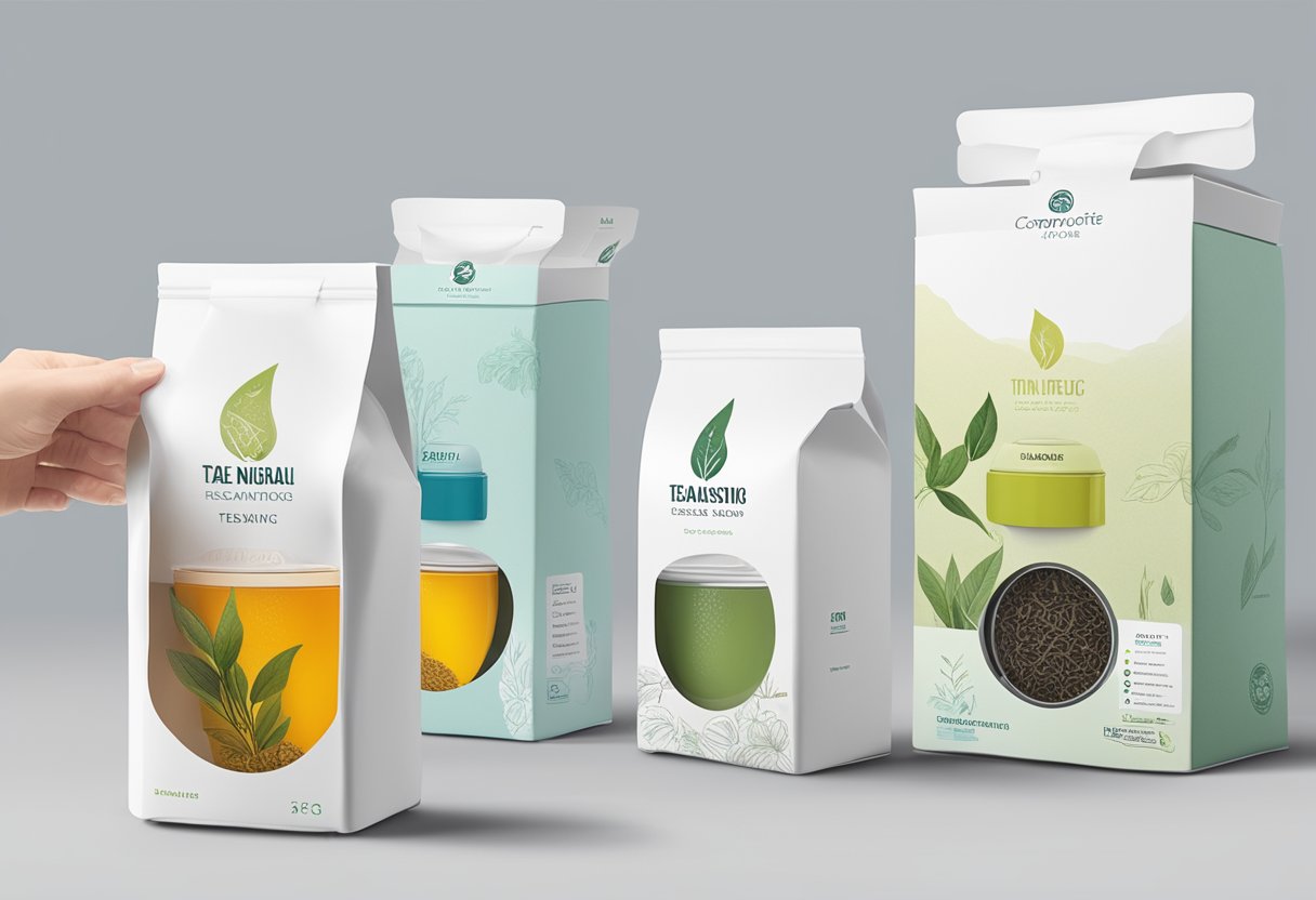 A hand reaches for a ceramic tea infuser among various options, with a corporate logo displayed on the packaging