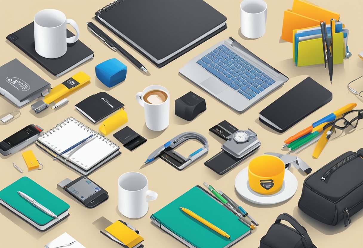 A table with various budget corporate gift items like branded pens, notebooks, mugs, and USB drives displayed in an organized manner