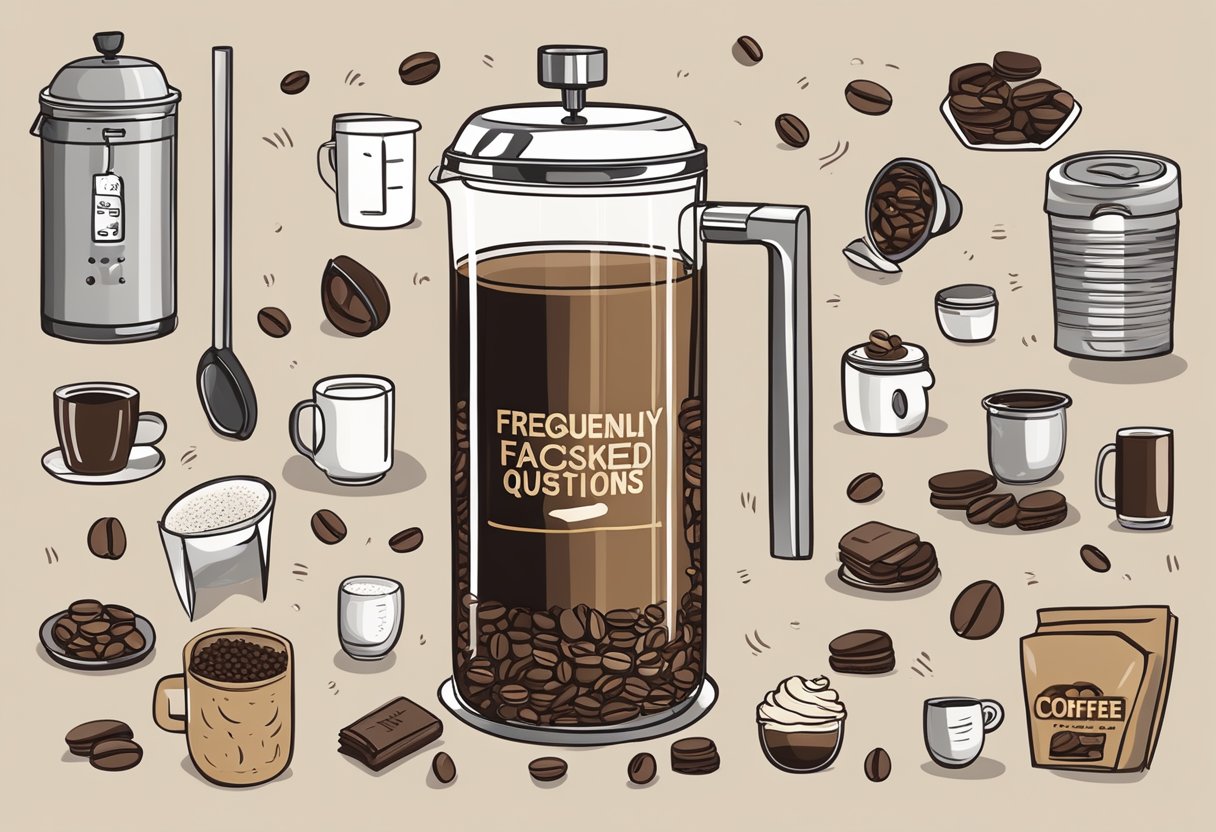 A coffee tumbler with "Frequently Asked Questions" printed on it, surrounded by various coffee-related items like beans, a French press, and a steaming cup