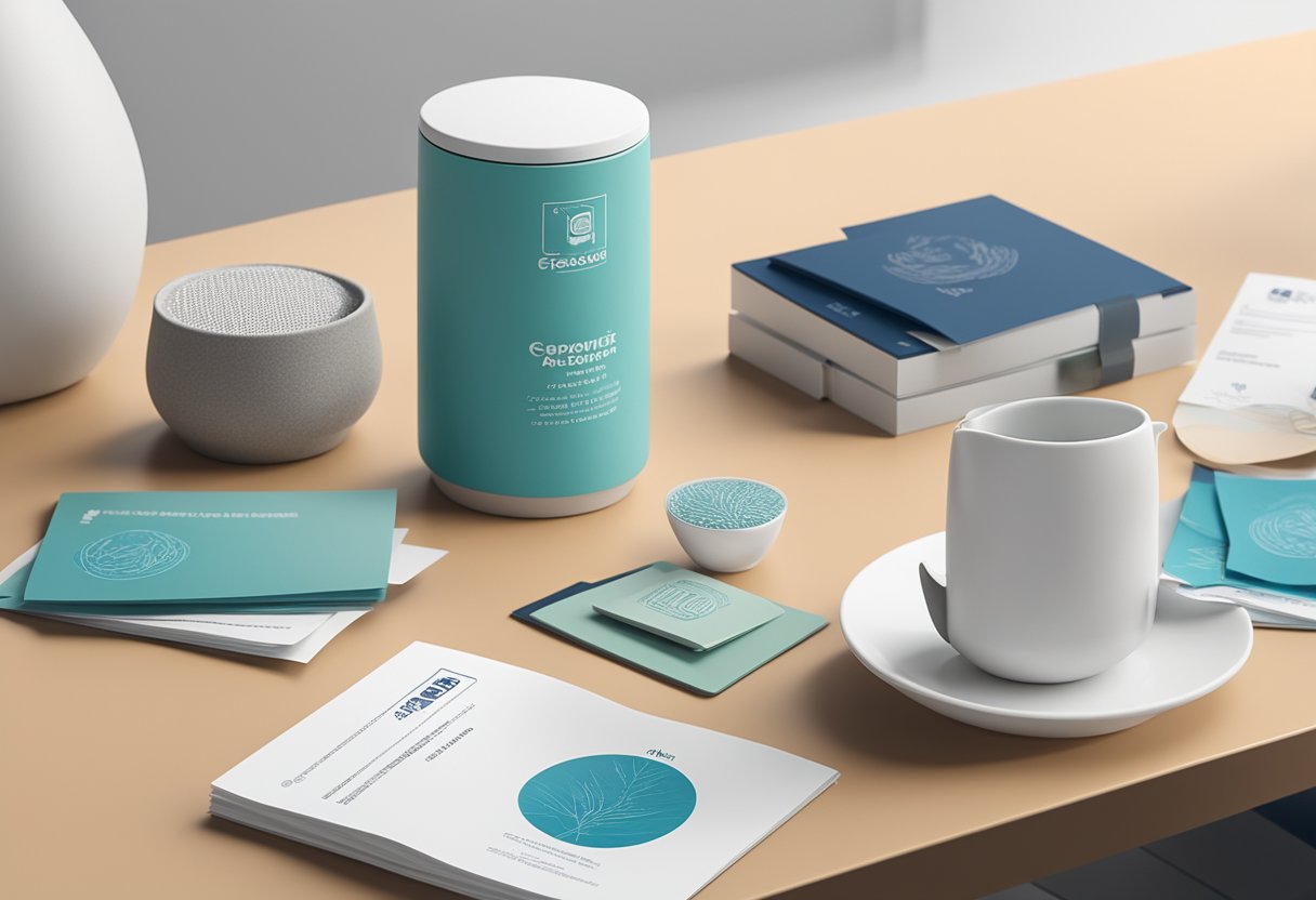 A ceramic tea infuser sits on a table surrounded by corporate branding materials. A stack of Frequently Asked Questions pamphlets is nearby