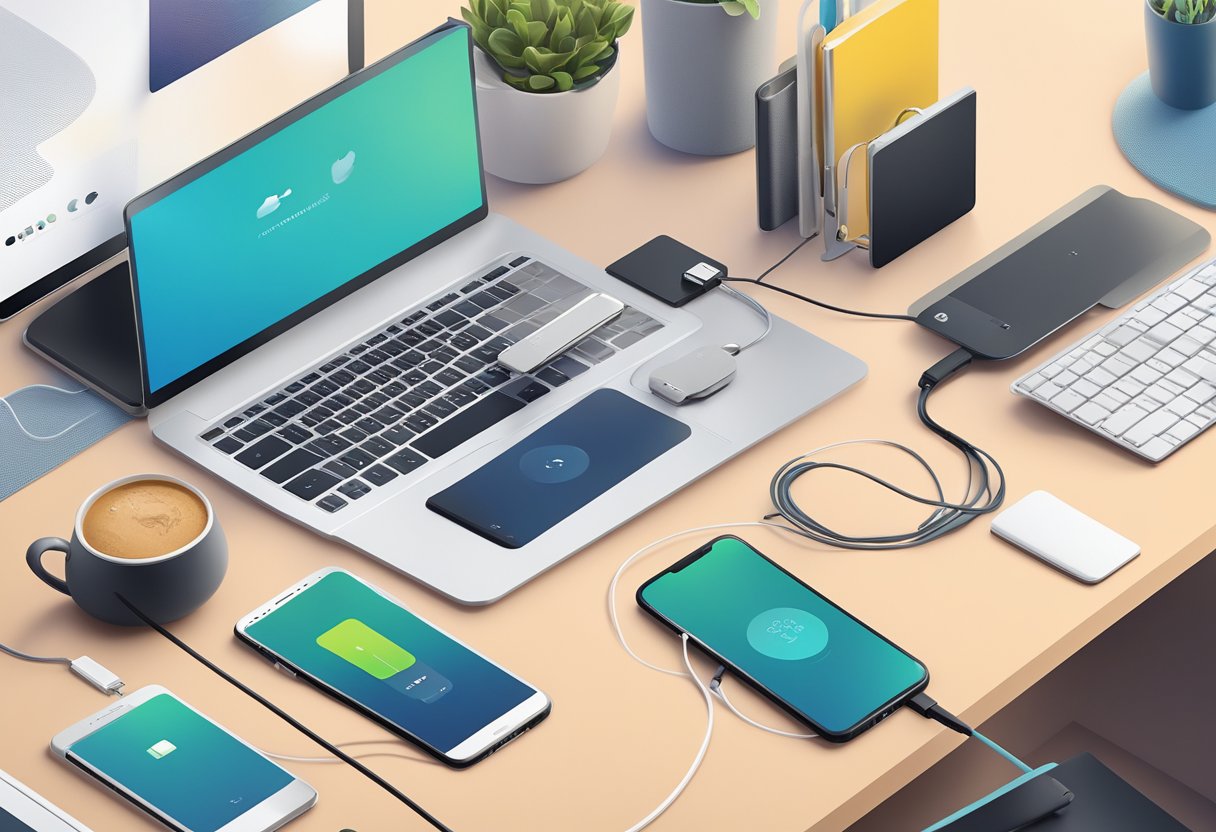 A hand reaching for a sleek, branded charging cable on a desk, surrounded by tech gadgets and office supplies