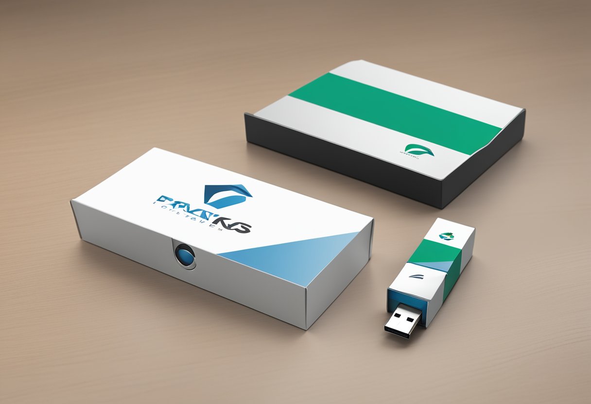 A sleek, branded USB gift box sits on a desk, with the company logo prominently displayed on the front