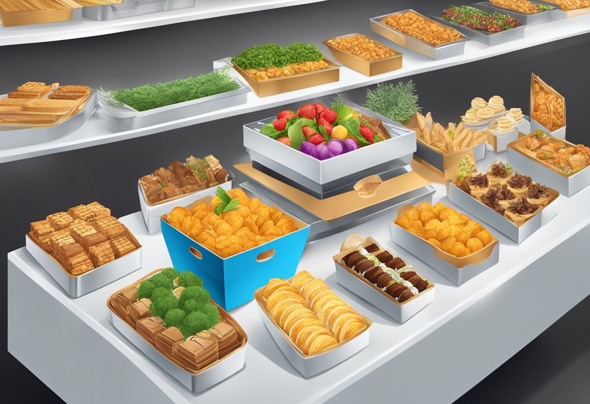 A table overflows with gourmet food baskets and branded gift boxes. Ribbons and labels display corporate logos