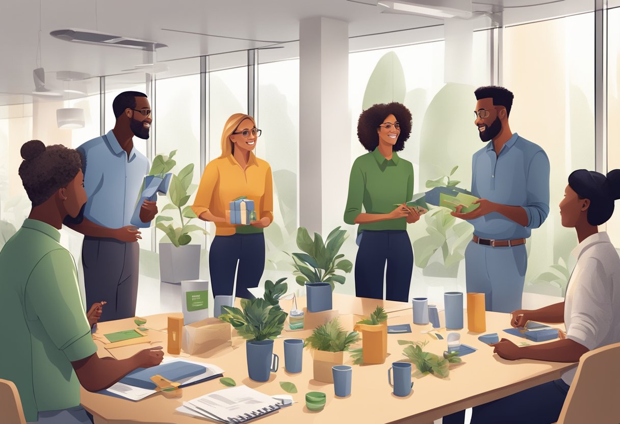 A group of diverse people discussing and exchanging sustainable gift ideas in a corporate setting. Tables adorned with eco-friendly products and promotional materials