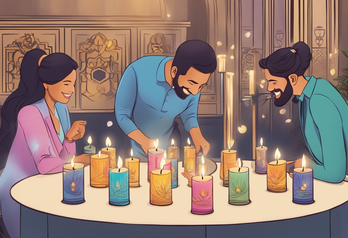 A table adorned with various scented candles, branded with company logos. A group of professionals exchanging smiles while receiving the candles as corporate gifts