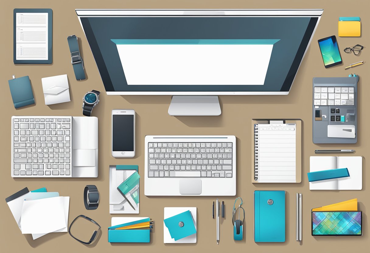 A sleek office desk with a variety of cool corporate gift gadgets neatly arranged and displayed