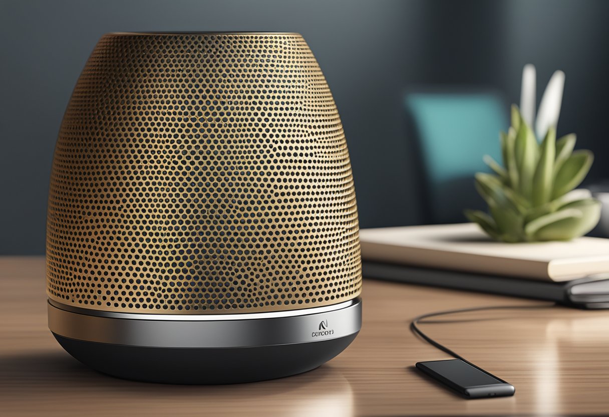 A sleek bluetooth speaker placed on a polished desk with a company logo displayed