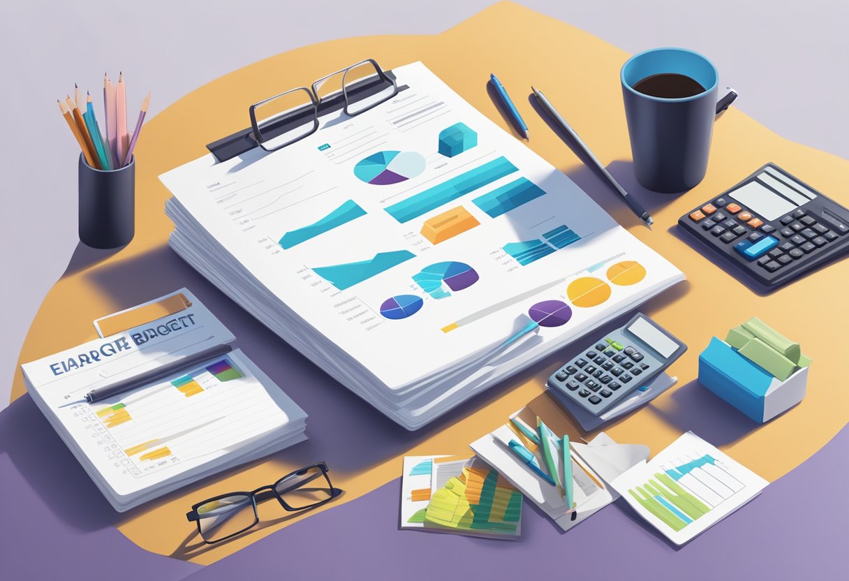 A table with branded corporate gifts, a stack of FAQ sheets, and a budget calculator