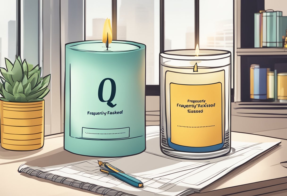 A candle with "Frequently Asked Questions" label sits on a desk next to a corporate gift box