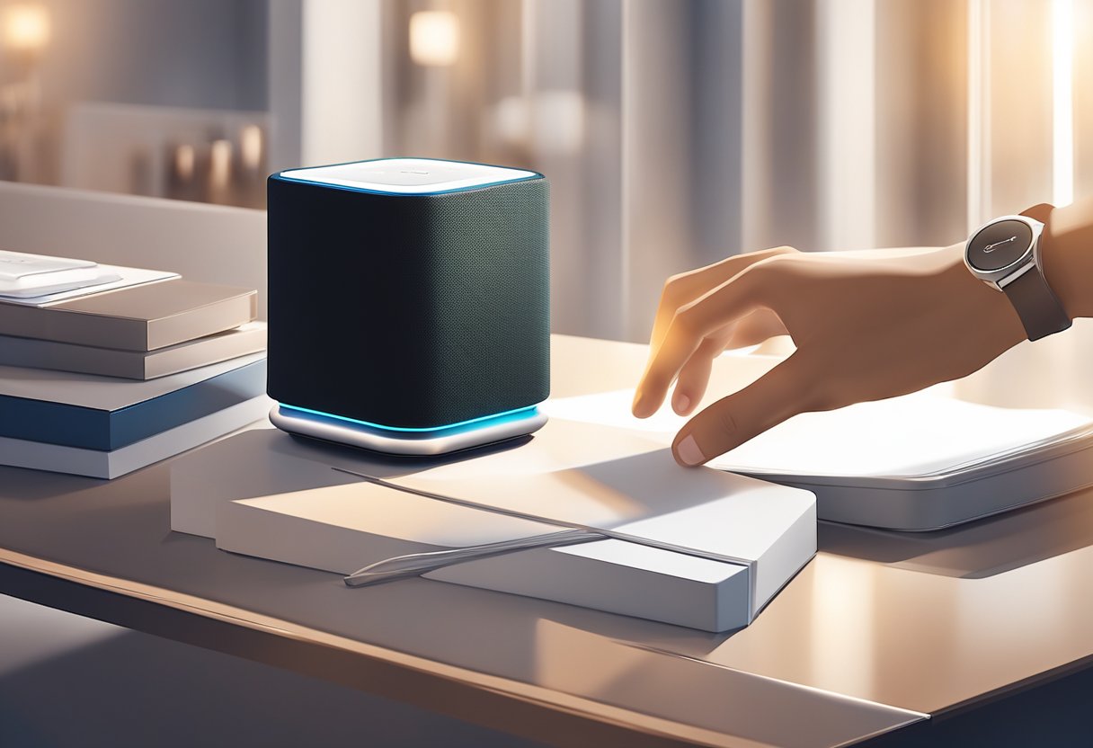 A hand reaches for a sleek, modern Bluetooth speaker on a table surrounded by elegant corporate gifts. The speaker is illuminated by soft, ambient lighting, creating a sense of sophistication and luxury