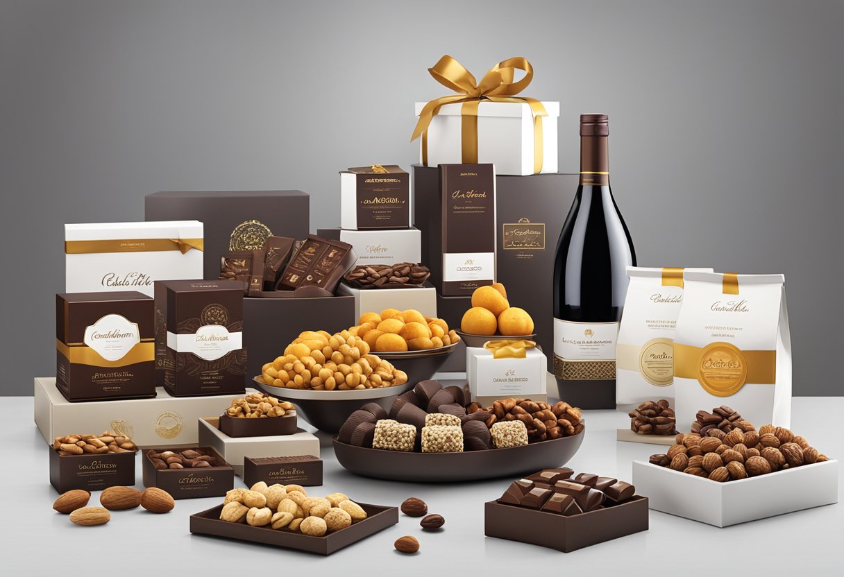 A table displays a variety of corporate gifts, including gourmet food items like chocolates, nuts, and wine. The gifts are neatly arranged with elegant packaging and personalized branding