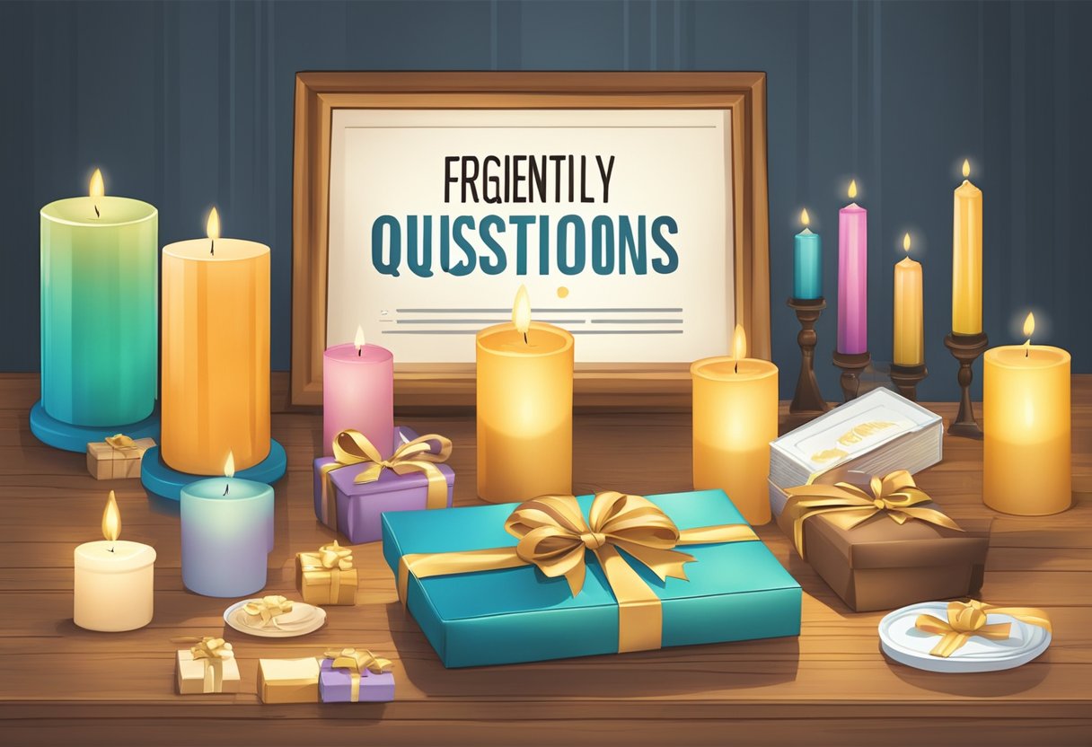 A table with neatly arranged candles and gift boxes labeled "Frequently Asked Questions corporate gifts." A sign nearby indicates the purpose of the display
