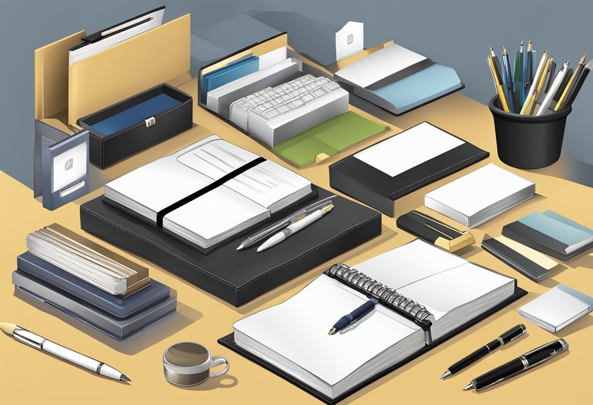 A table with various corporate gift items such as branded pens, notebooks, and elegant gift boxes displayed in an organized and appealing manner