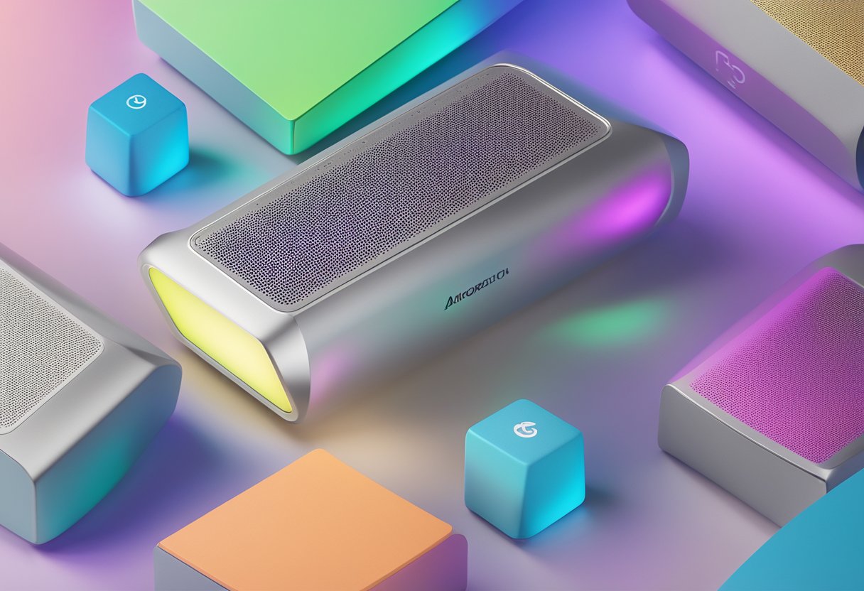 A sleek, modern Bluetooth speaker sits on a desk with a corporate logo engraved on the front. It emits a soft glow, showcasing its innovative design