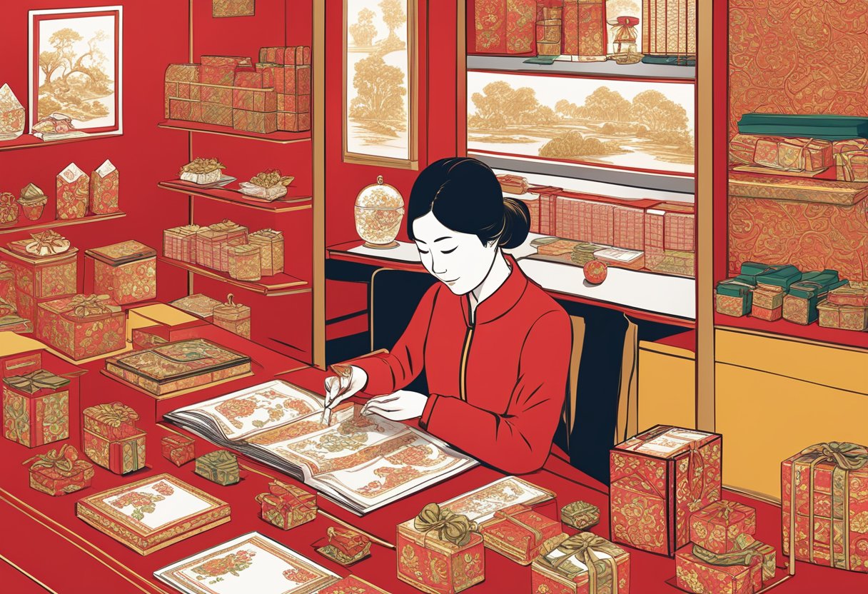 A person in an office setting carefully choosing from a variety of CNY corporate gift options displayed on a table. Bright red and gold packaging with traditional Chinese motifs