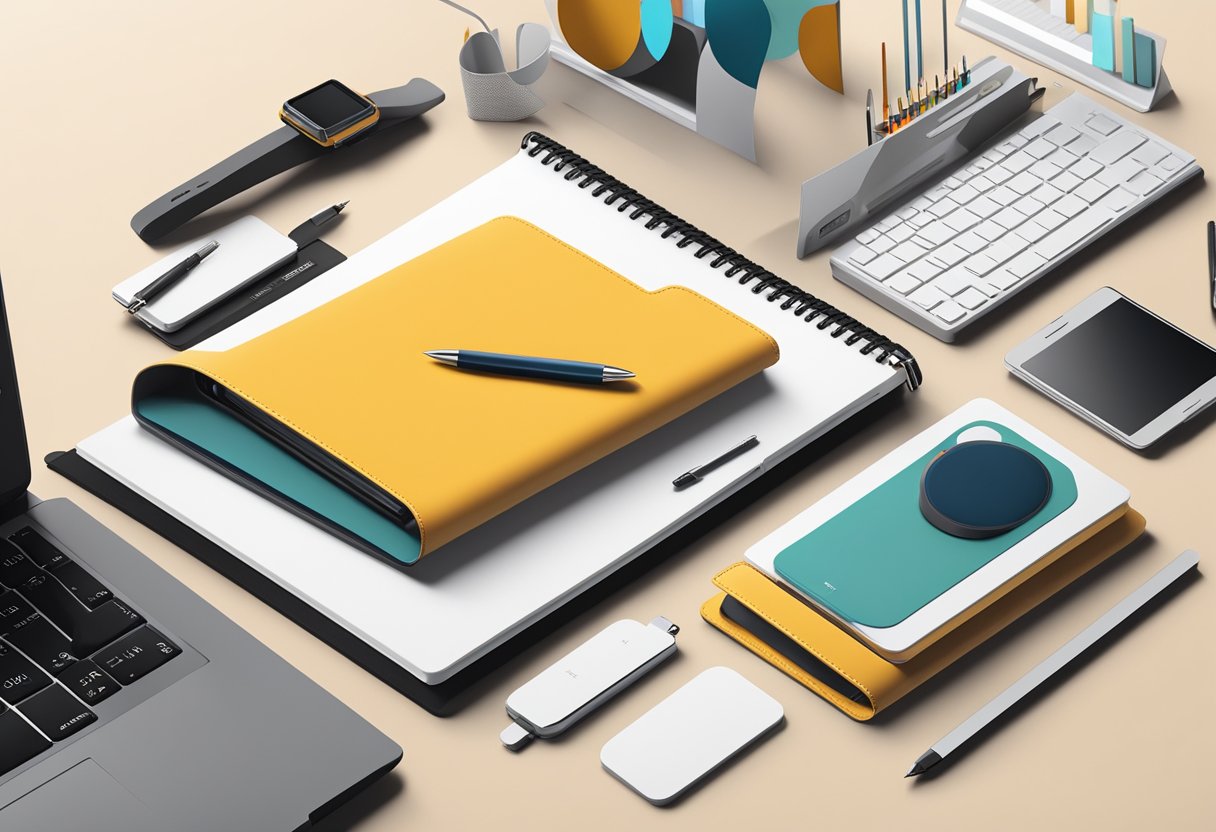 A table with sleek, modern corporate gifts arranged neatly. A branded pen set, a stylish notebook, and a sleek tech gadget catch the eye