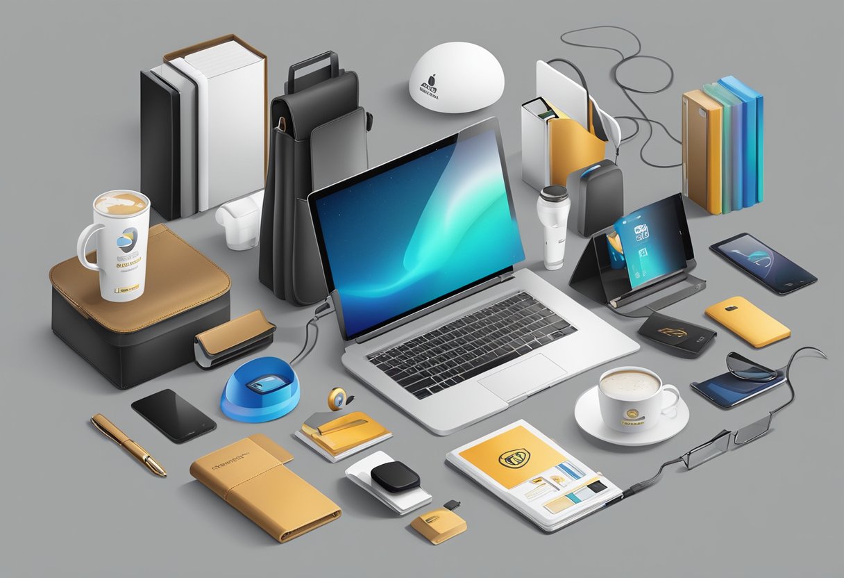 A table with various corporate gifts displayed, including branded merchandise and useful items like tech accessories and luxury goods