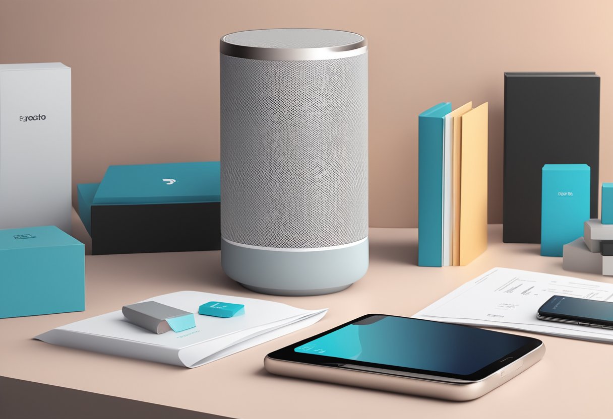 A sleek, modern bluetooth speaker sits on a desk, surrounded by corporate branding materials. A stack of FAQ brochures and a gift box complete the scene
