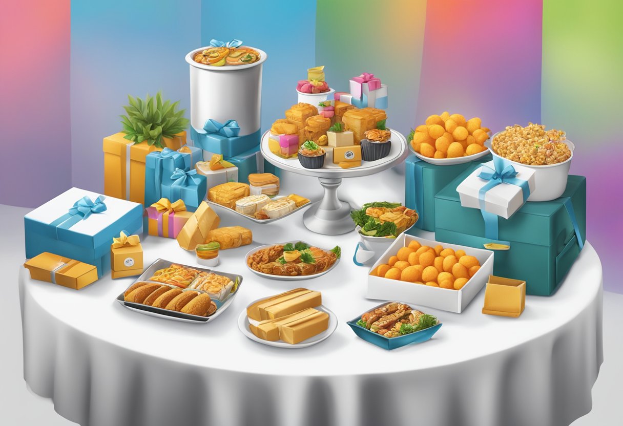 A table adorned with branded corporate gifts and food items for logistics event
