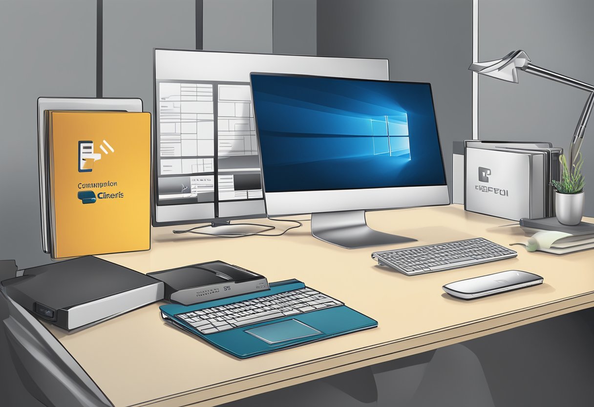 A USB gift with a company logo sits on a desk next to a computer and a stack of paperwork. The logo is prominently displayed on the sleek, modern design of the USB