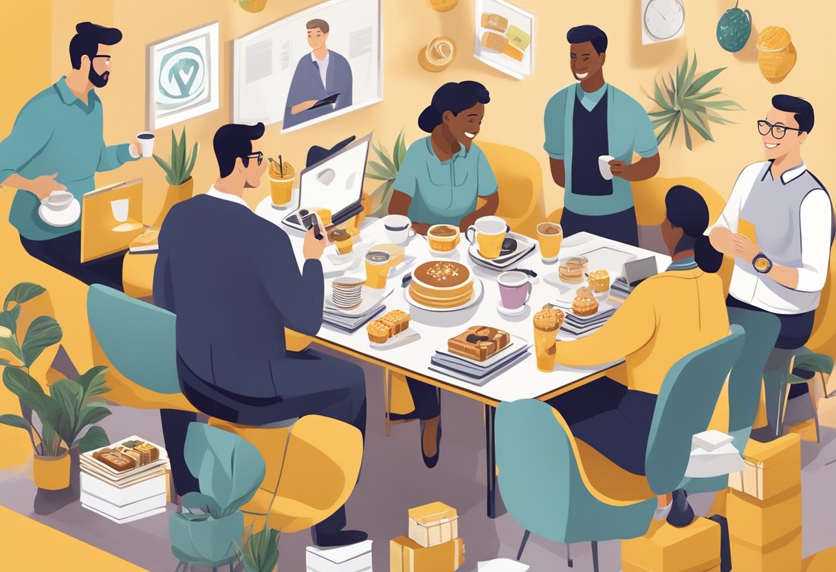 A table adorned with branded mugs, notebooks, and gourmet treats, surrounded by happy employees