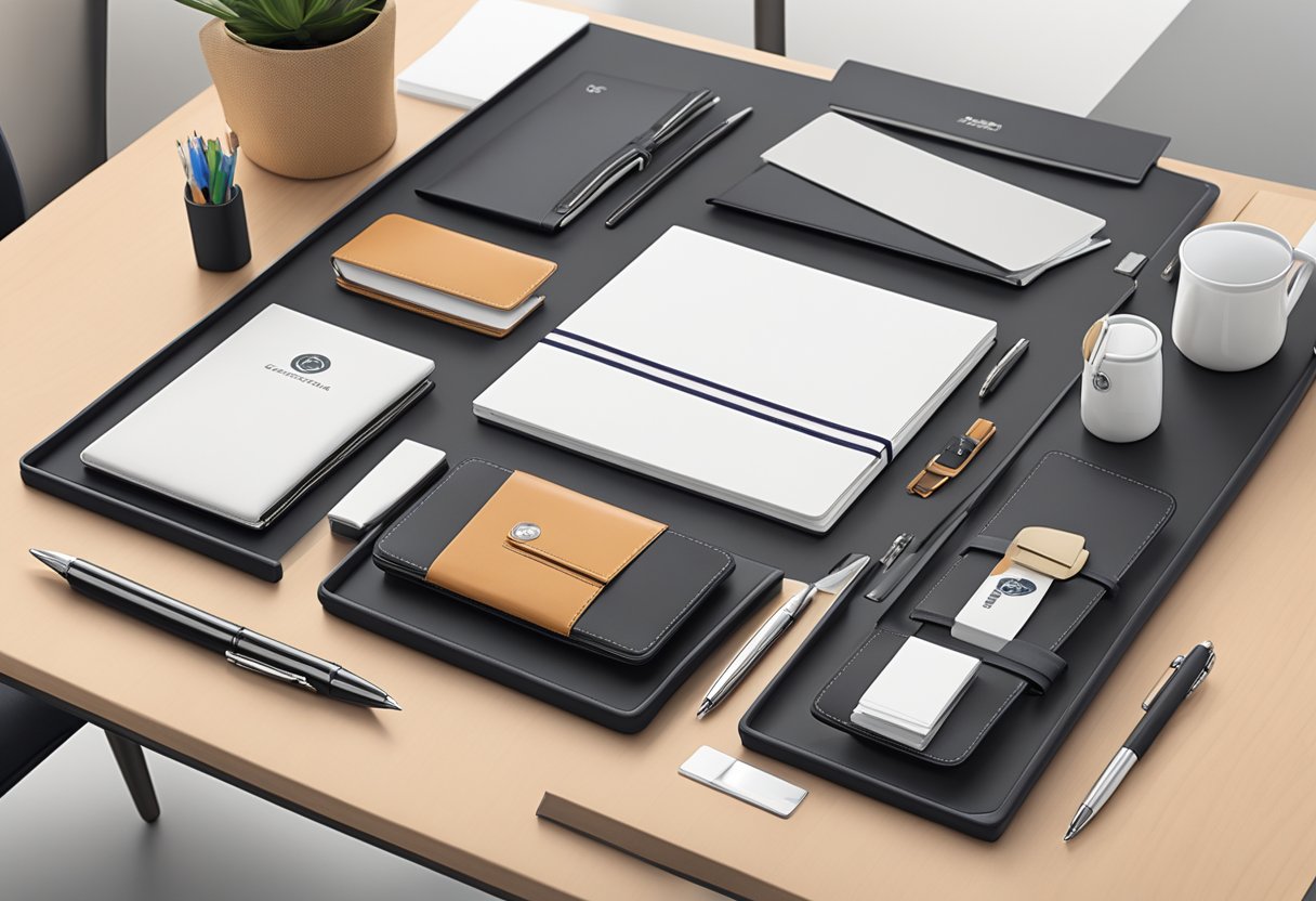 A conference room table adorned with sleek, modern corporate gifts. A logo-branded pen set, a stylish desk organizer, and a high-quality leather notebook are neatly arranged, ready to impress