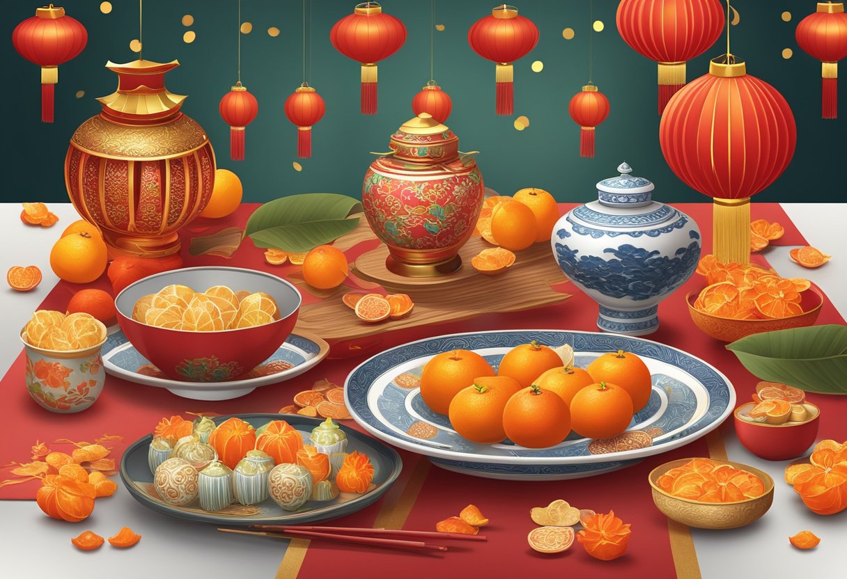 A festive table adorned with traditional Chinese New Year corporate gifts, including red envelopes, tangerines, and decorative lanterns
