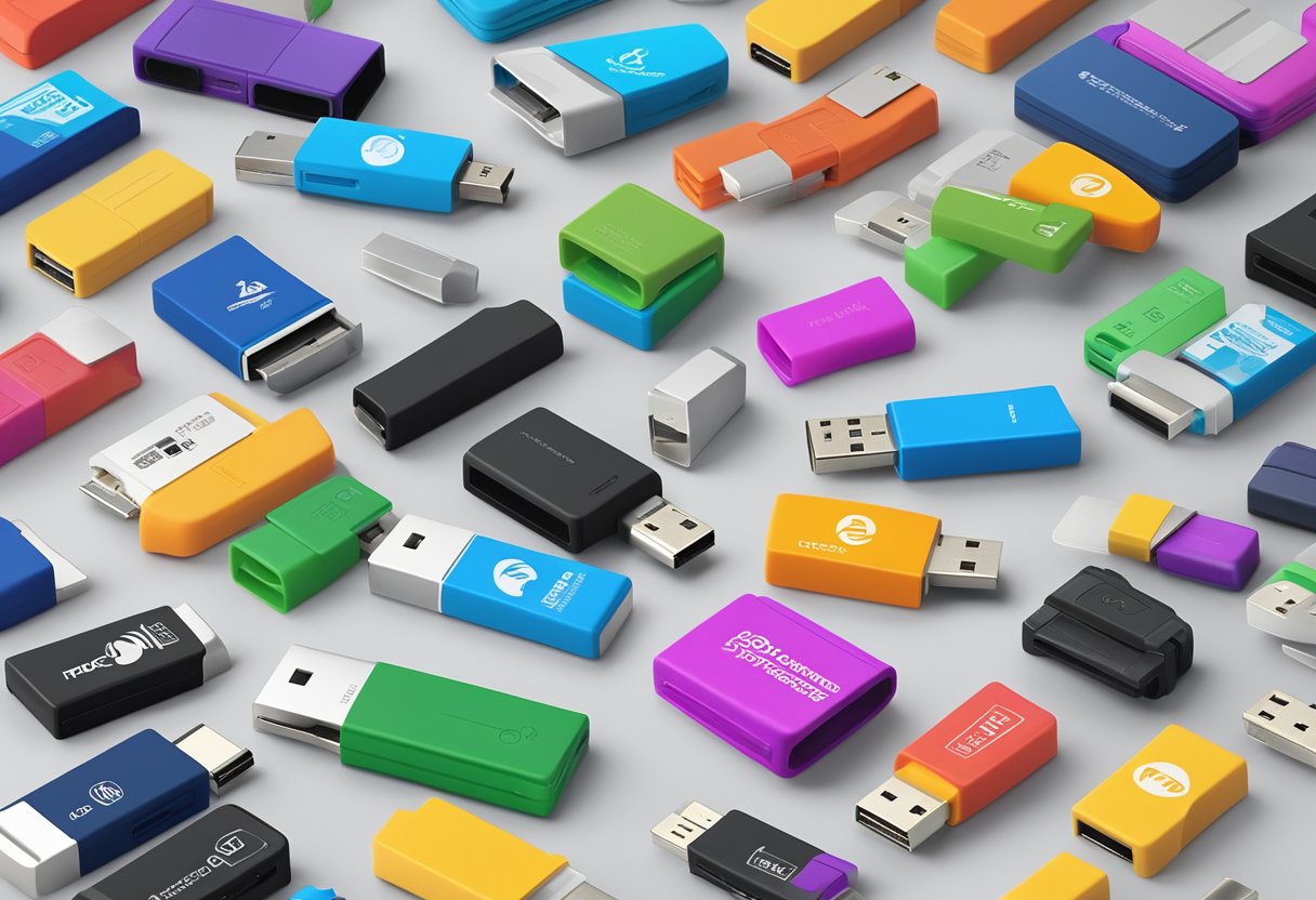 A group of USB drives with company logos, arranged neatly on a table, surrounded by a stack of printed FAQ documents