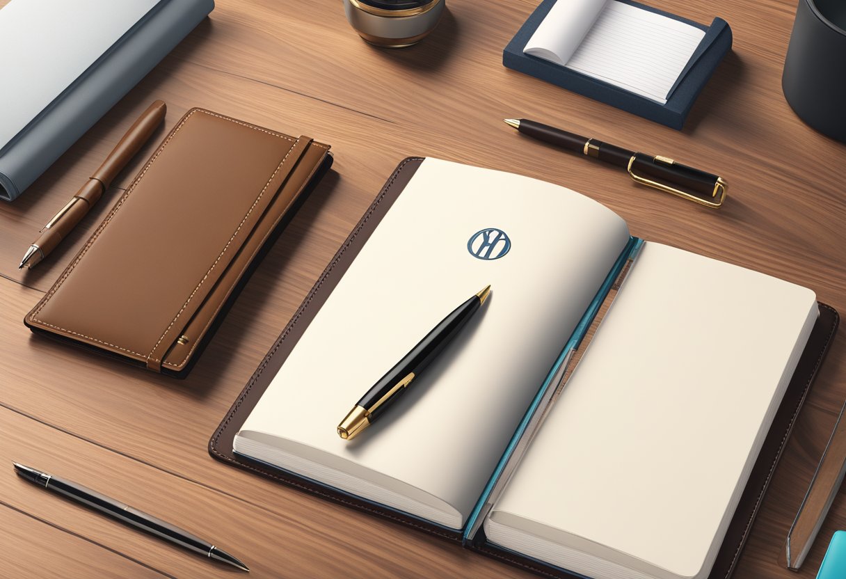 A sleek, modern desk set with a personalized monogram, a leather-bound journal, and a sophisticated pen displayed on a polished wooden desk