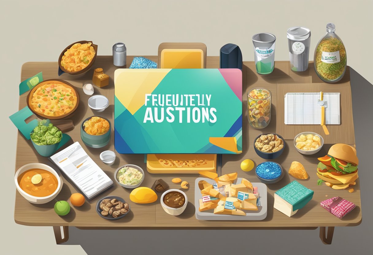 A table covered in various corporate gifts and food items, with a sign reading "Frequently Asked Questions" displayed prominently