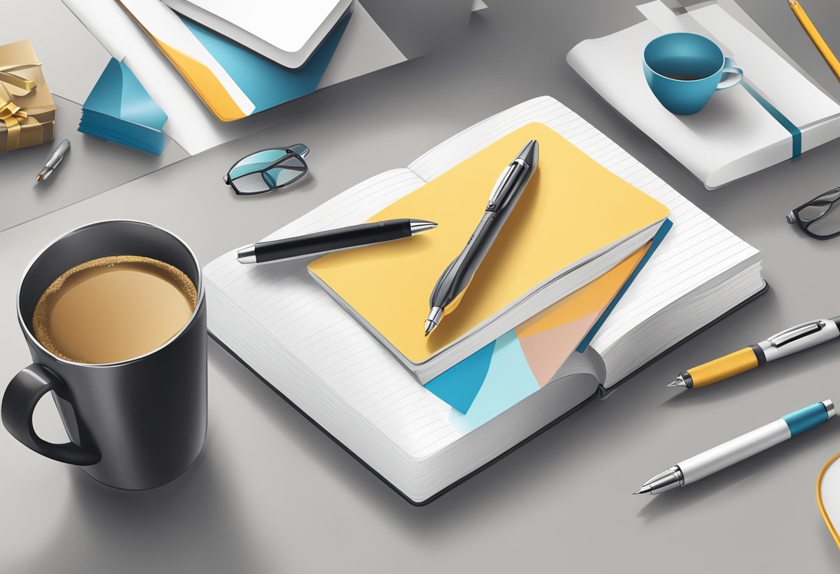 A table with branded gift items: pens, notebooks, and mugs. A banner with the company logo hangs in the background