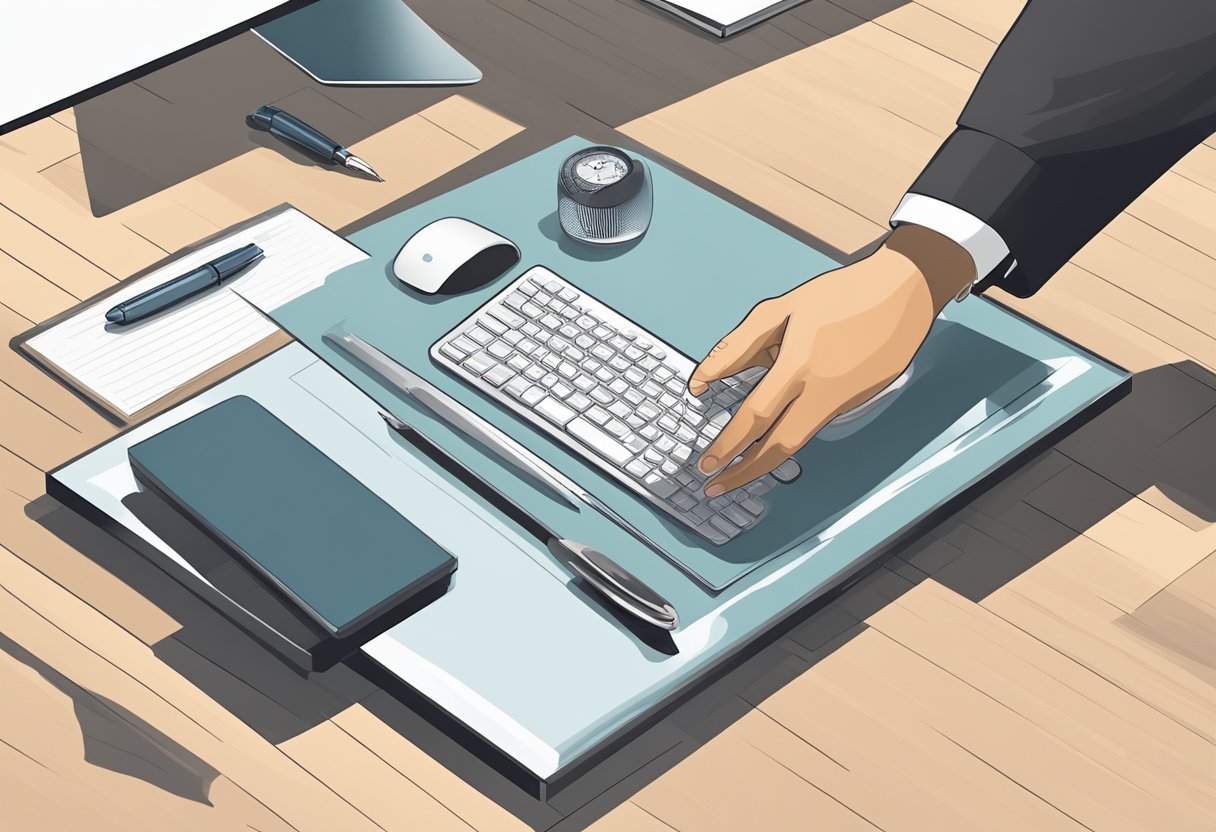 A hand reaches for a sleek, modern desk accessory. A variety of unique corporate gifts are displayed on a polished table