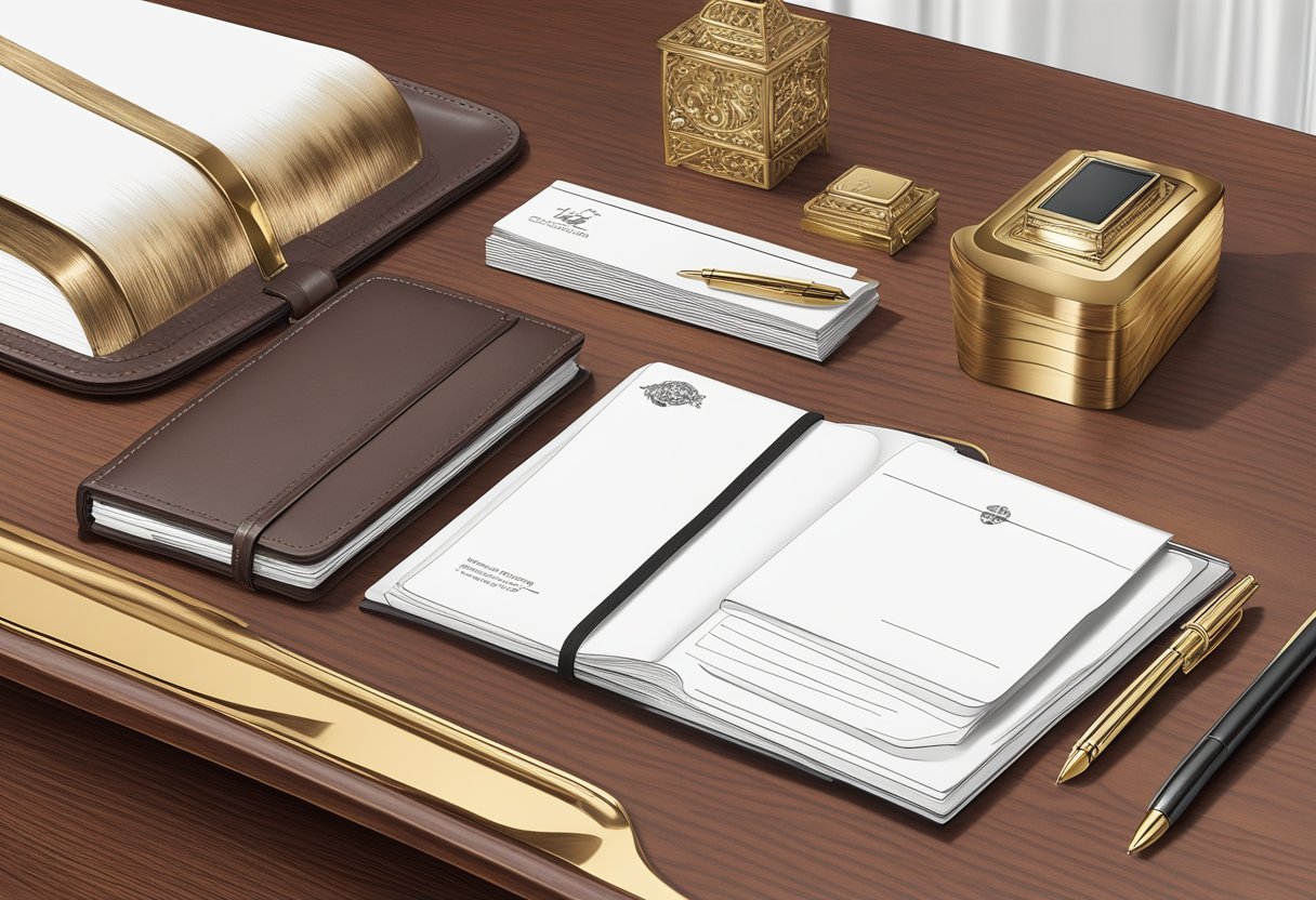 A hand reaches for a sleek, silver pen set on a mahogany desk, surrounded by elegant leather notebooks and a polished brass business card holder