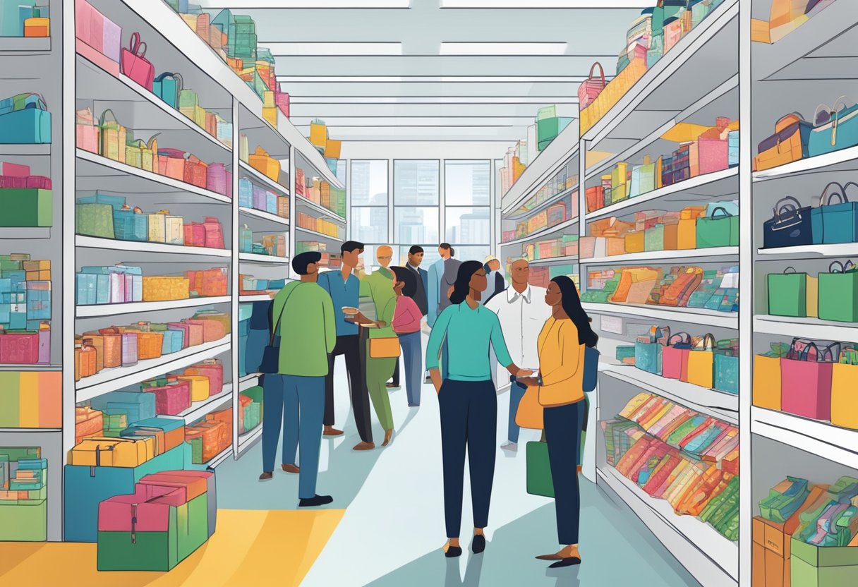 A bustling marketplace with branded gifts displayed on sleek, modern shelves. Executives and employees browse and select items while vendors engage in animated conversations