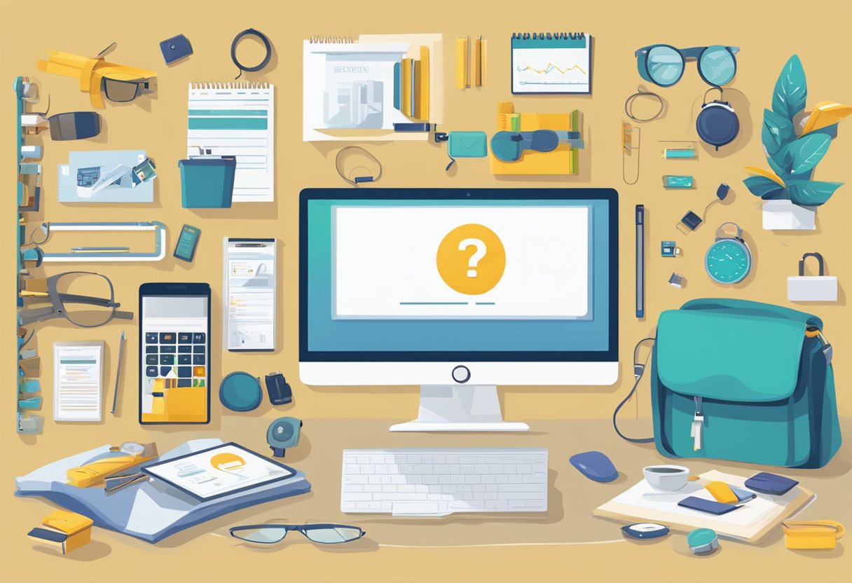 A table with various corporate gifts displayed, including branded merchandise and tech gadgets. A sign reads "Frequently Asked Questions cool corporate gifts."