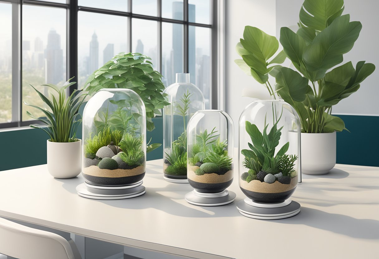 A collection of small, lush terrariums arranged on a sleek, modern desk with a corporate logo displayed prominently in the background