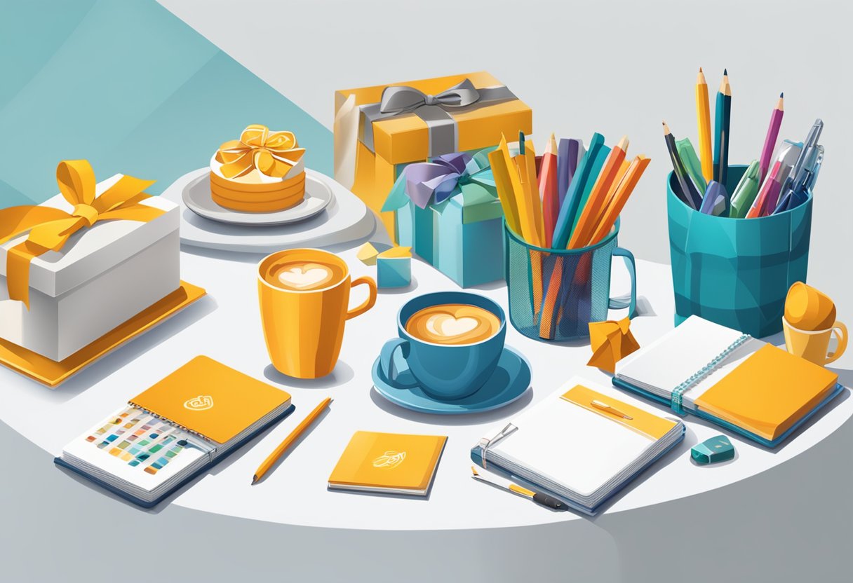 A table with various corporate gift items such as branded mugs, notebooks, and gift baskets. Bright and inviting display