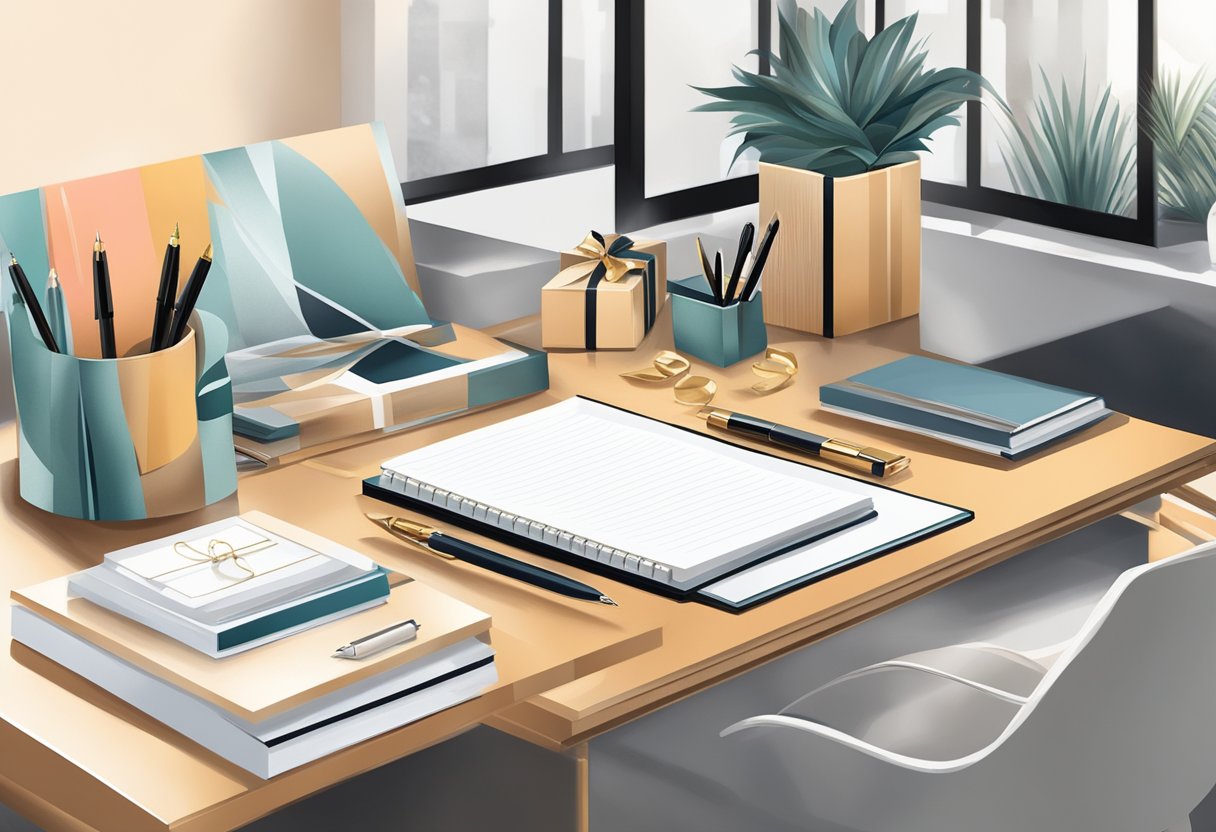 A table adorned with elegant gift boxes, a sleek pen set, and luxurious stationery, surrounded by sophisticated office decor