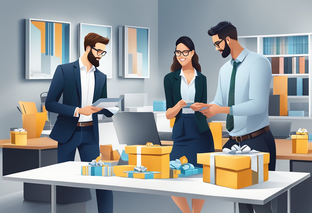 A group of professionals exchange branded gifts in a modern office setting. Logoed items and sleek packaging showcase the corporate gifting marketplace