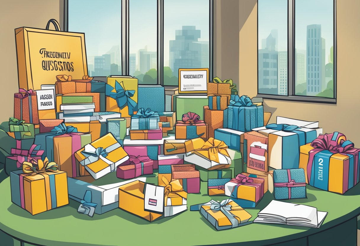 A table with various corporate gifts displayed, including branded merchandise and gift baskets. A sign reads "Frequently Asked Questions corporate gifts idea."