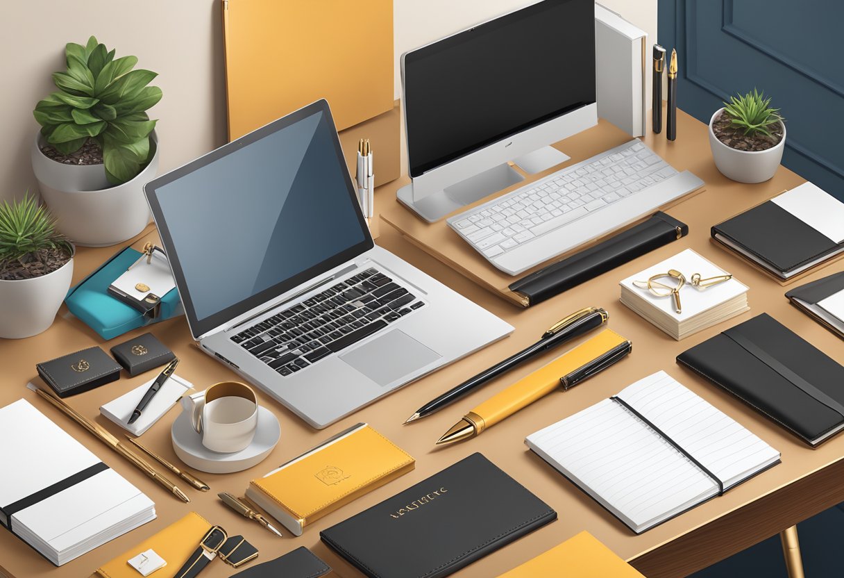 A sleek, modern office desk adorned with elegant corporate gift options, including branded pens, leather-bound notebooks, and luxury desk accessories