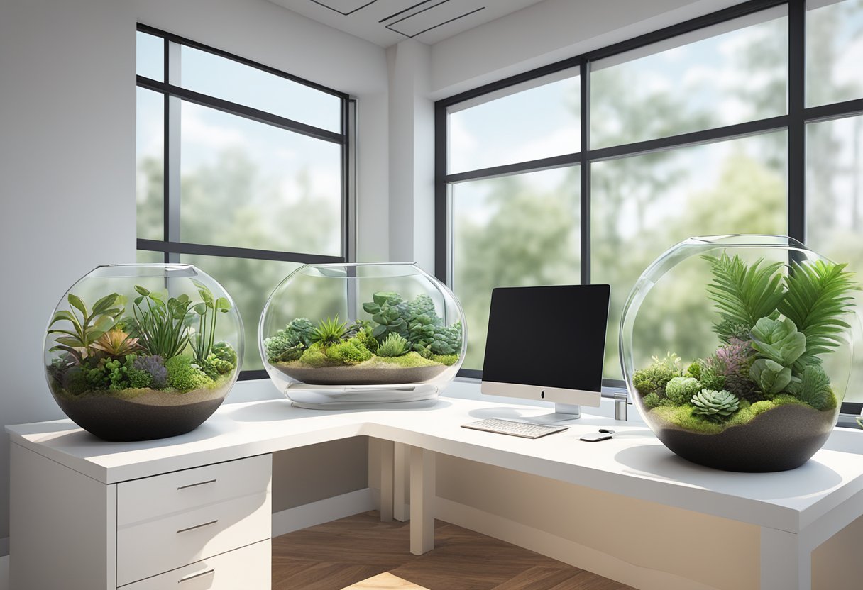 Lush green terrariums arranged on a sleek office desk, with soft natural light filtering through the window, showcasing the benefits of terrarium corporate gifts