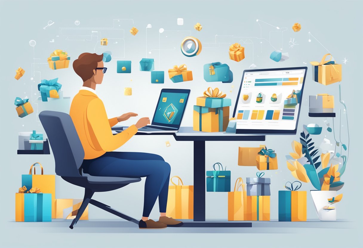 A person browsing through various corporate gift options on a sleek and modern online marketplace interface, with a wide array of products and customizable features available