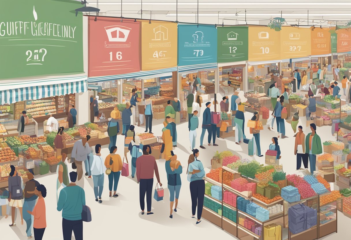 A busy marketplace with vendors showcasing corporate gifting products. Signs displaying "Frequently Asked Questions" are prominently featured