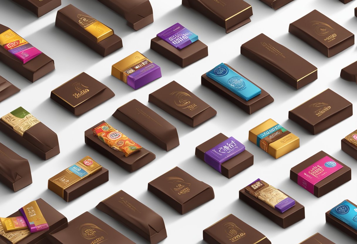 A table adorned with branded chocolate bars and corporate gift packaging