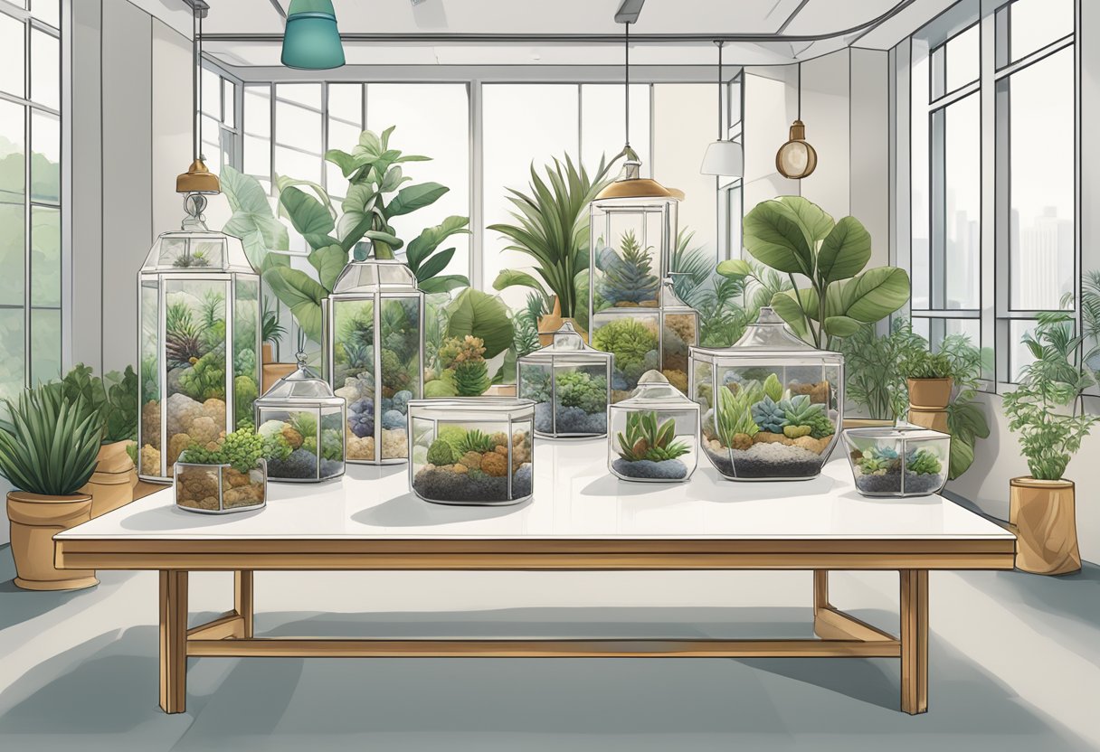 A table with various terrariums, each uniquely designed. Gift boxes and corporate logos displayed nearby