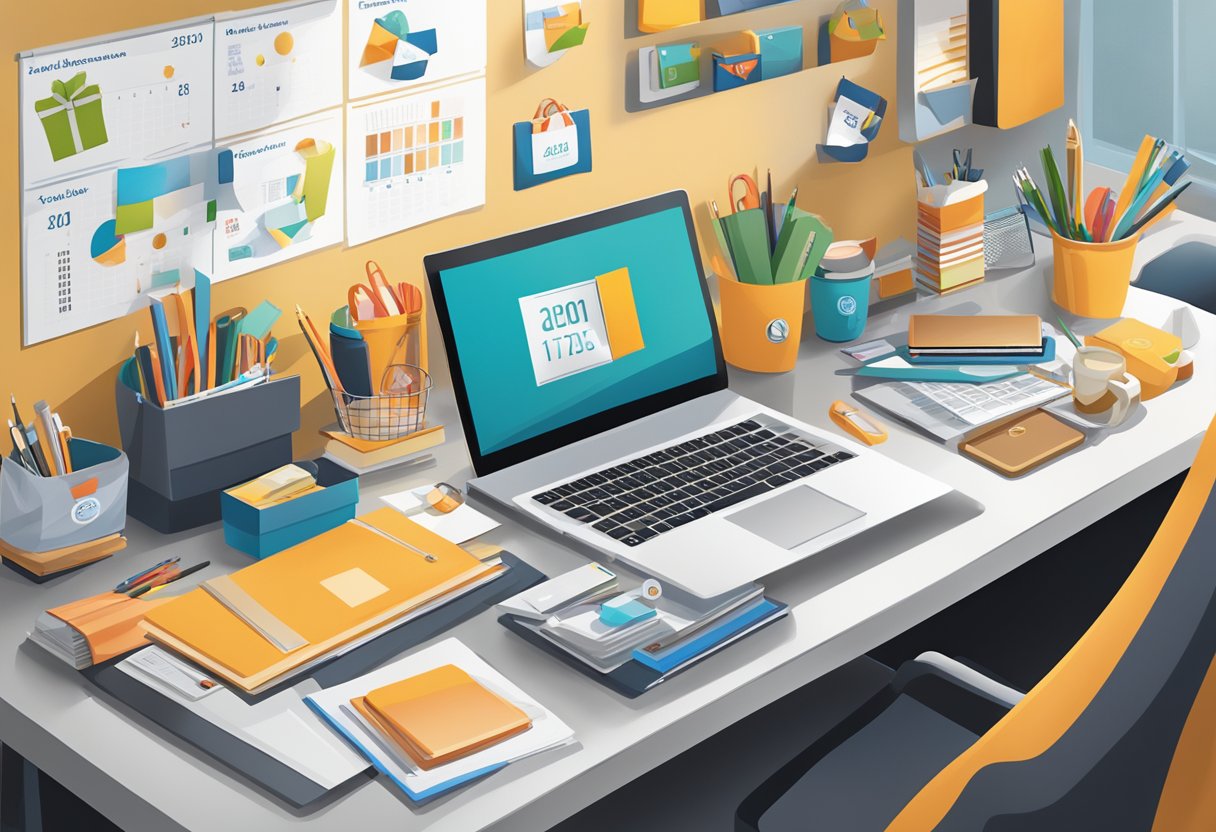 A desk cluttered with branded merchandise, gift baskets, and promotional items. A calendar displays upcoming events and deadlines