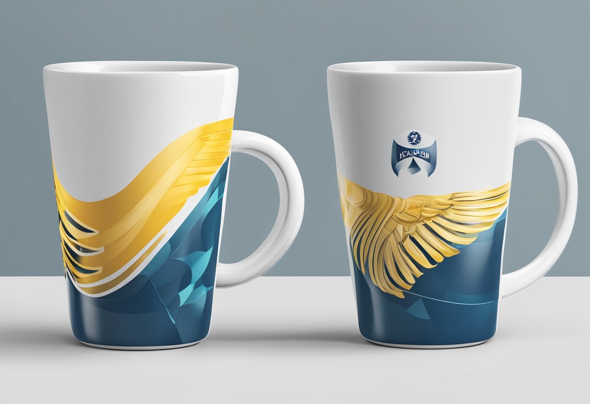A custom anti-fall mug being decorated with corporate logos and designs