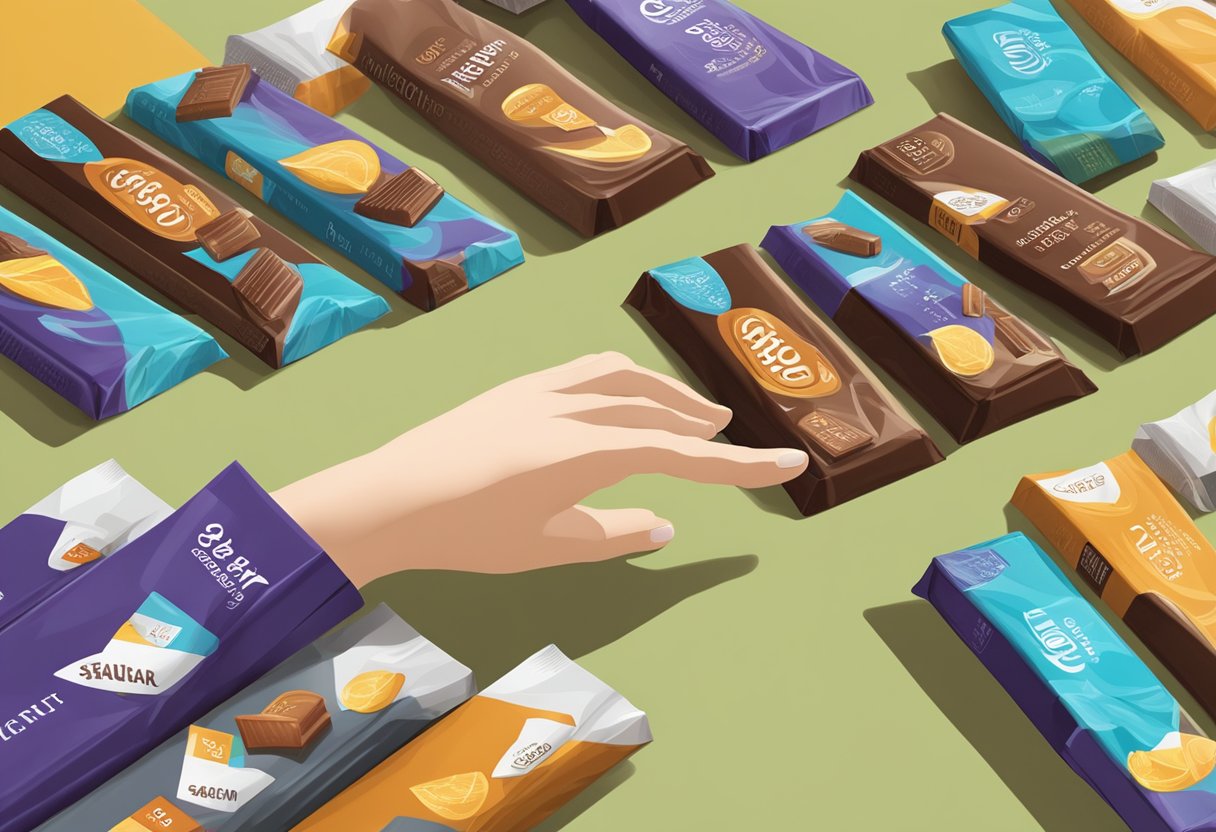 A hand reaches for a display of branded chocolate bars, with corporate gift packaging in the background