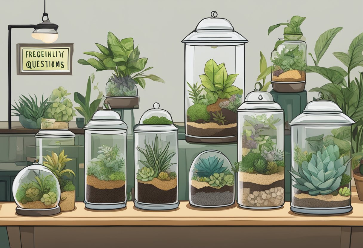 A table filled with assorted terrariums, each labeled with a different corporate logo. A sign reads "Frequently Asked Questions: Terrarium Corporate Gifts."